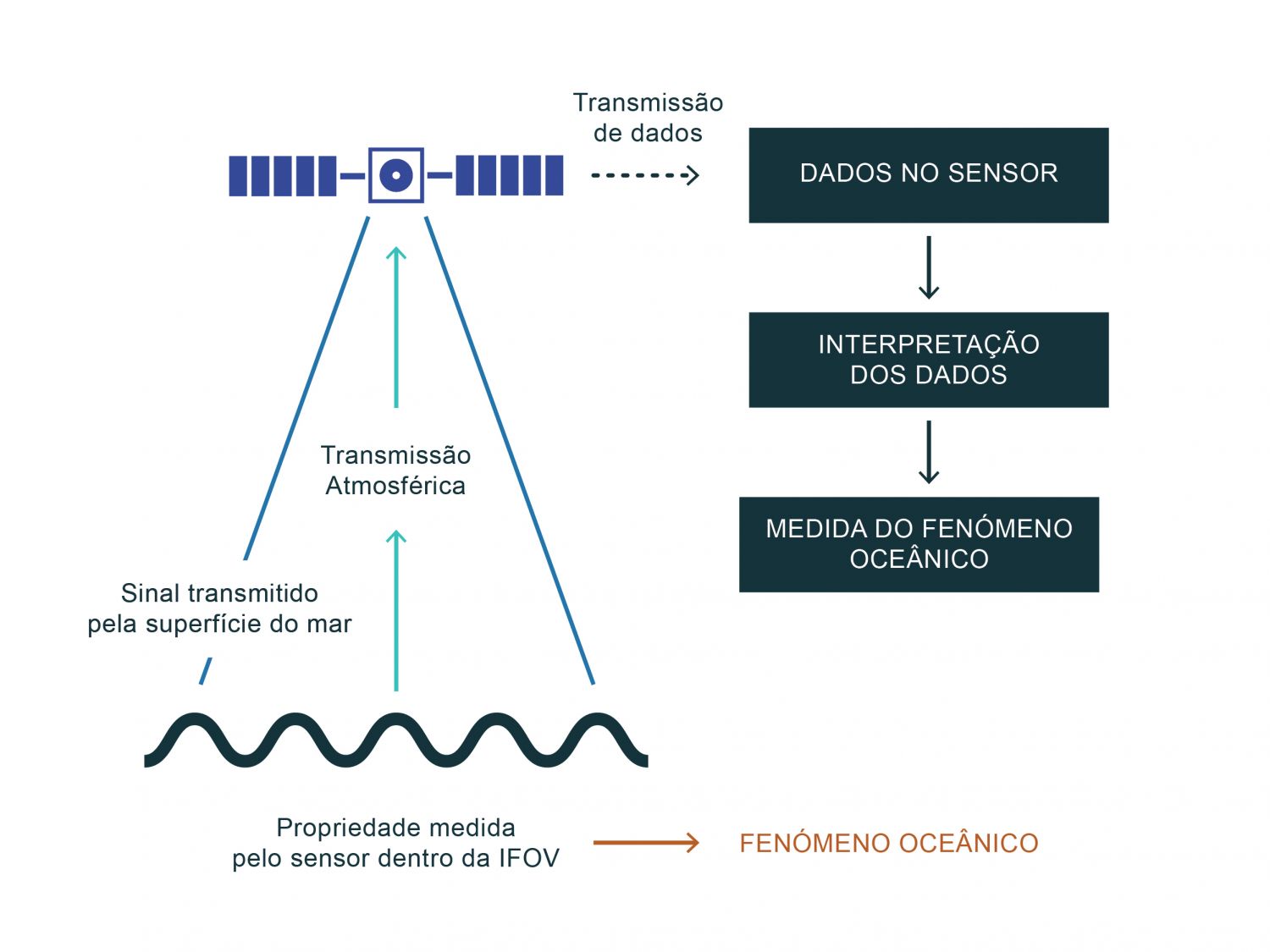 Esquema do fluxo de informação na deteção remota sobre os oceanos. As caixas à direita indicam o que é necessário conhecer para compreender os processos que controlam o fluxo de informação (adaptado de Robinson, 2004). A informação obtida pelos sensores remotos é feita a partir da análise da radiação eletromagnética recebida após interação com o objeto em estudo, neste caso, pelos oceanos. Como os satélites estão a altitudes de centenas ou mesmo milhares de quilómetros acima da superfície do mar, a radiação eletromagnética tem de percorrer um longo caminho, desde que é refletida ou retrodifundida pelo oceano até ser recebida pelo sensor. Assim, é necessário saber se a radiação que chega ao sensor tem origem na coluna de água ou na atmosfera, e ter ainda em conta que ao atravessar a atmosfera, a radiação pode ser absorvida ou difundida para longe do sensor. Estima-se que apenas cerca de 10% a 20% de toda a radiação que chega ao sensor contém informação sobre a superfície do mar. O sensor observa a superfície do mar através de um sistema de lentes e espelhos ou, no caso de sensores de microondas, através de uma antena cujo cone de receção de radiação é um cone em 3D. Em cada instante, a informação recebida no sensor provém do chamado campo de visão instantânea ou Instantaneous Field of View (IFOV). A área do IFOV é definida pela geometria do sensor e pela zona do espectro em que atua. Após a receção dos dados nos sensores, estes são enviados para estações de dados na Terra, onde é feito o processamento com o objetivo de recuperar os dados relativos à superfície do oceano. A utilização deste ficheiro é regulada nos termos da licença Creative Commons Attribution 4.0 (CC BY-NC-ND 4.0, https://creativecommons.org/licenses/by-nc-nd/4.0/) 