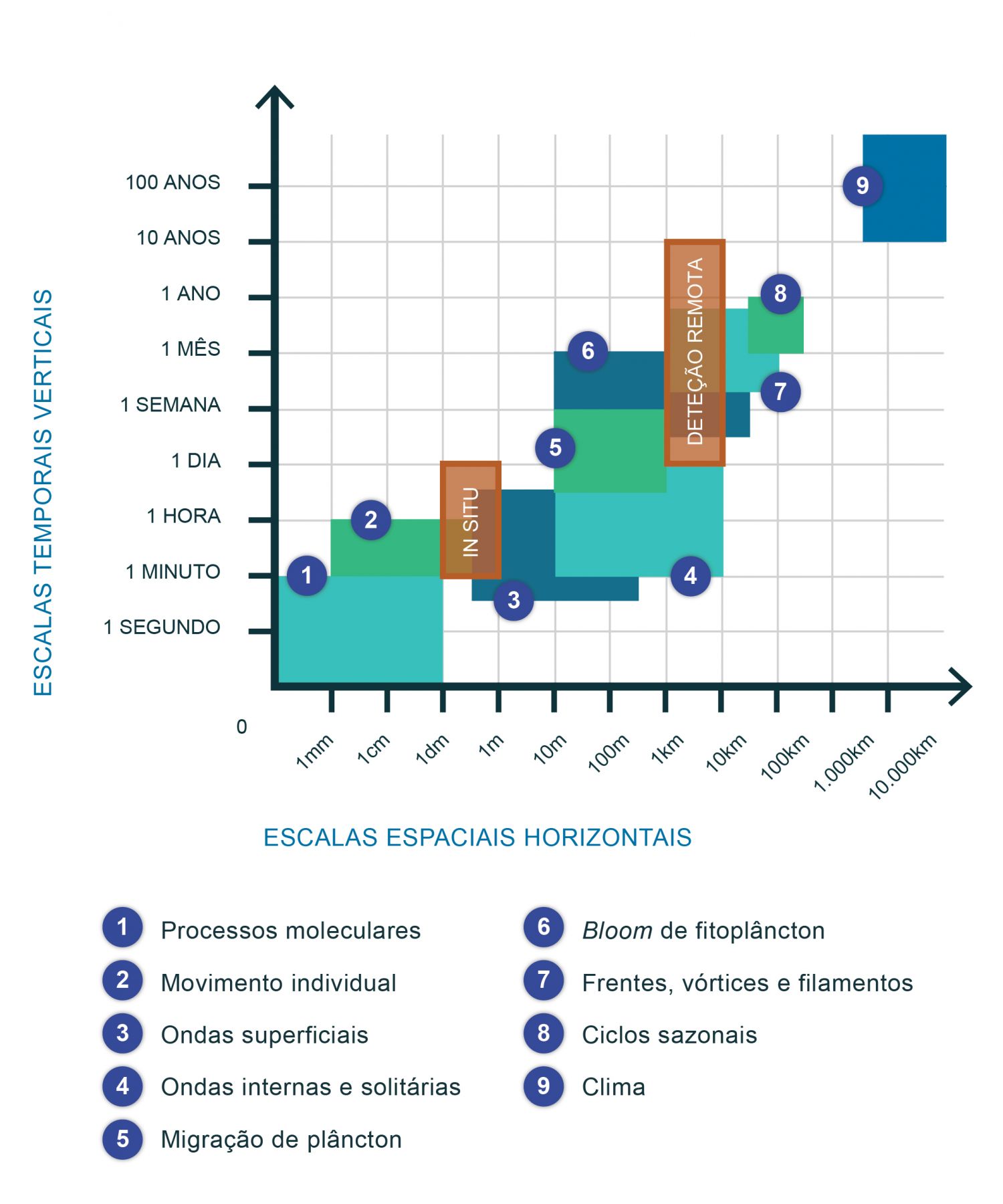 Escalas espácio-temporais de diferentes processos biogeoquímicos e das metodologias in situ e satélite. As medições feitas in situ, a bordo de navios ou por sondas submersas, são medições pontuais que cobrem uma área pouco extensa, assim como apenas fornecem dados durante um tempo limitado. As imagens obtidas por deteção remota, além de permitirem um estudo em grandes áreas, também permitem um estudo da evolução das condições ao longo do tempo, já que um satélite é desenhado para durar alguns anos. Isto permite aplicações sazonais, anuais e até à escala de poucas décadas. A figura ilustra as escalas temporal e espacial associadas a diferentes processos, comparando a aplicabilidade do método in situ e da deteção remota. A utilização deste ficheiro é regulada nos termos da licença Creative Commons Attribution 4.0 (CC BY-NC-ND 4.0, https://creativecommons.org/licenses/by-nc-nd/4.0/) 