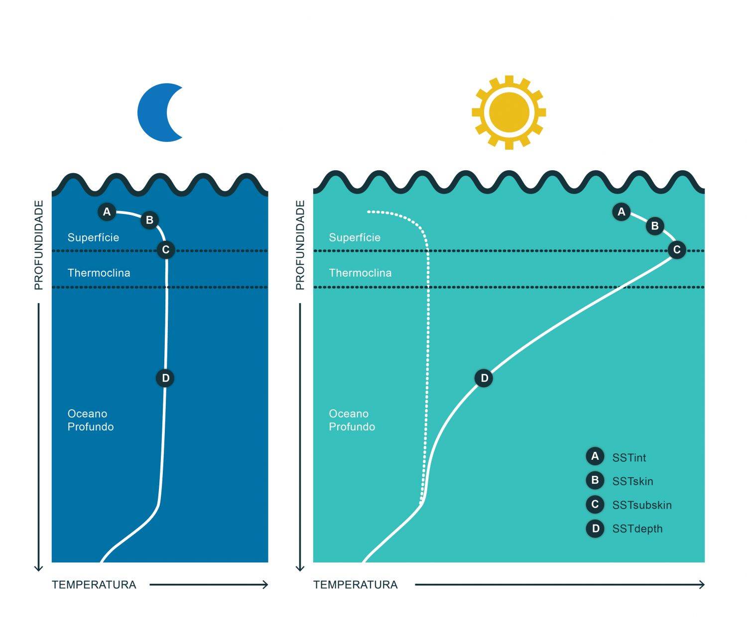 Esquema de um perfil de temperatura obtido durante a noite e durante o dia. SSTint é a Temperatura da Superfície do Mar - TSM na interface oceano-atmosfera, SSTskin é a temperatura da pele, SSTsubskin é a temperatura a cerca de 1 mm e SSTdepth é a temperatura bulk. No domínio do infravermelho, a absorção e a emissividade da água do mar têm um valor próximo de 100%. Isto implica que a maior parte da radiação emitida abaixo de 30 micrómetros seja reabsorvida antes de deixar a superfície do mar. Consequentemente, é a temperatura desta camada “pele” que caracteriza a emissão da radiação e controla a temperatura de radiação observada do espaço. As boias e outros métodos convencionais de medição da temperatura do mar medem a temperatura a alguns centímetros ou metros de profundidade, a chamada temperatura bulk, i.e., a temperatura medida entre cerca de 10 cm e 7 m de profundidade. A estrutura térmica dos primeiros metros do oceano irá ditar a diferença entre as duas temperaturas medidas. No caso de uma distribuição uniforme da temperatura, as medições deverão ser aproximadamente iguais, no entanto existem vários processos que provocam uma variação significativa da temperatura com a profundidade, aumentando a diferença entre os dois valores. A utilização deste ficheiro é regulada nos termos da licença Creative Commons Attribution 4.0 (CC BY-NC-ND 4.0, https://creativecommons.org/licenses/by-nc-nd/4.0/) 