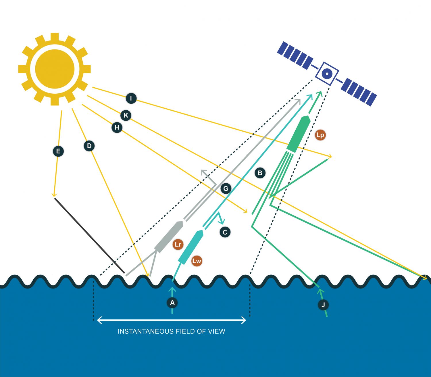 Esquema dos possíveis percursos óticos da radiação eletromagnética na região do visível, entre a superfície do oceano e o sensor: A) Raios ascendentes que chegam do interior da coluna de água para a sua superfície, e que são resultantes da absorção/difusão da água do mar e dos seus constituintes. Ao chegar à superfície o raio é refratado em direção ao sensor e contribui para Lw, definida como a radiância com origem na coluna de água na área situada no campo de visão instantânea do sensor (IFOV) e na direção do sensor. B) Corresponde à porção da radiância, Lw, que chega ao sensor. Esta porção contém informação dos constituintes do oceano. Os restantes raios que chegam ao sensor são provenientes ou da atmosfera ou de áreas fora do IFOV e não contêm informação do oceano contido no IFOV. C) Porção dos raios A que são absorvidos pela atmosfera ou difundidos pelos seus constituintes para fora do campo de visão do sensor. Note-se que (A)=(B)+(C). D) Raios emitidos pelo sol que são refletidos à superfície do oceano para o sensor. Não contêm informação do mar já que não penetraram a sua superfície. Contribui para a radiância refletida, Lr, definida como a radiância refletida pela superfície do mar que se encontra dentro do campo de visão instantânea do sensor, na direção do sensor. Lr é também conhecida como Sun Glitter, Sun Glint ou reflexão especular solar. E) Raios difundidos pela atmosfera que depois são refletidos à superfície do oceano para dentro do campo de visão do sensor. Também contribuem para Lr e são conhecidos como Sky Glitter, Sky Glint ou reflexão especular atmosférica. F) Raios de Lr que não chegam ao sensor, podendo ser absorvidos ou difundidos para fora do seu campo de visão. G) Raios de Lr que chegam ao sensor. Não contêm informação do mar. H) Raios emitidos pelo sol que são difundidos para dentro do campo de visão do sensor  pelos constituintes atmosféricos, sem nunca terem chegado à superfície do oceano. I) Raios emitidos pelo sol que entram no campo de visão do sensor após sucessivas difusões por parte dos constituintes atmosféricos. J) Raios com origem na superfície do oceano, mas de uma área fora do campo de visão instantânea, e que por isso, não fazem parte da radiância Lw. K) difundidos pela atmosfera na direcção do sensor, provenientes da reflexão na superfície do oceano fora do campo de visão do sensor e por isso não contribuem para Lr. Note-se que a radiância que chega ao sensor devido a difusão na atmosfera, Lp, é resultado de (H)+(I)+(J)+(K). Assim a radiância total que chega ao sensor, Ls, é composta pela porção de Lw que chega ao sensor, e por Lp e Lr. É necessário por isso estimar com rigor Lp e Lr para poder conhecer- se a porção de Lw que chega ao sensor. A utilização deste ficheiro é regulada nos termos da licença Creative Commons Attribution 4.0 (CC BY-NC-ND 4.0, https://creativecommons.org/licenses/by-nc-nd/4.0/) 