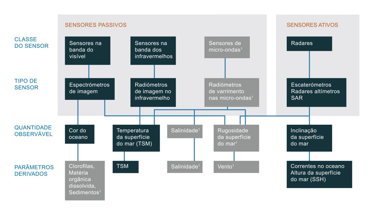 As diferentes classes de sensores a bordo de satélites e os parâmetros primários e derivados que são medidos por cada sensor (adaptado de Robinson, 2004). Existem duas classes de sensores utilizados para a deteção remota. Os sensores passivos são os mais simples pois limitam-se a receber radiação eletromagnética proveniente de um pequeno cone de direções. Esta classe de sensores opera em três principais janelas atmosféricas: no visível, no infravermelho térmico e nas microondas. Os sensores ativos ou radares emitem um pulso eletromagnético na direção da superfície do mar onde é refletida/difundida de volta ao sensor (o eco). Os radares medem o tempo que decorre entre a emissão do pulso e a receção do seu eco. Este tipo de sensores só opera na região das microondas. A utilização deste ficheiro é regulada nos termos da licença Creative Commons Attribution 4.0 (CC BY-NC-ND 4.0, https://creativecommons.org/licenses/by-nc-nd/4.0/) 